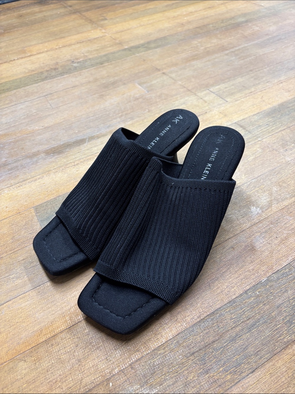 Anne Klein Black Ribbed Knit Slide Mules